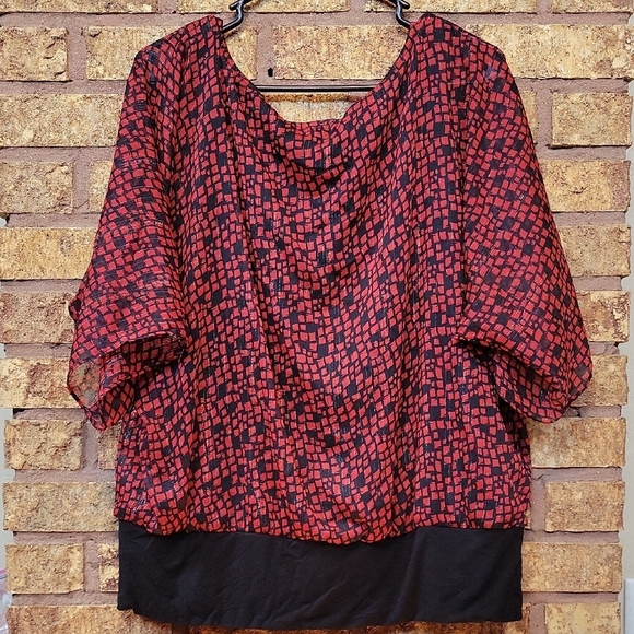 AB Studio Red and Black Boxy 3/4 Sleeve Blouse SIZE XL - Picture 7 of 11